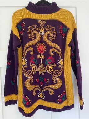 Vintage Hand Knit Regal Whimsical Floral Embroidery Cotton Tapestry Sweater
